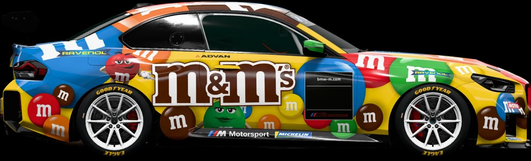 Side profile of the M2 with a large M&M’s logo across the doors