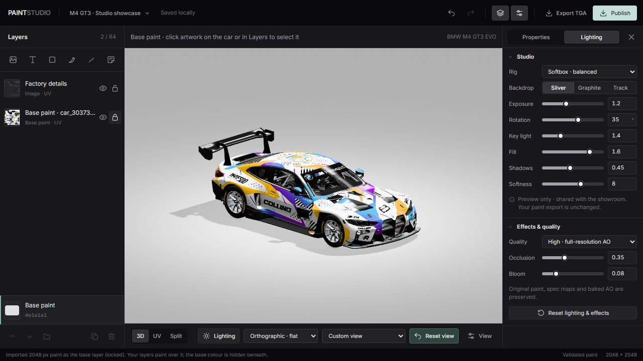 The editor with a BMW M4 GT3 EVO livery: layers on the left, the 3D car in the centre and lighting controls on the right