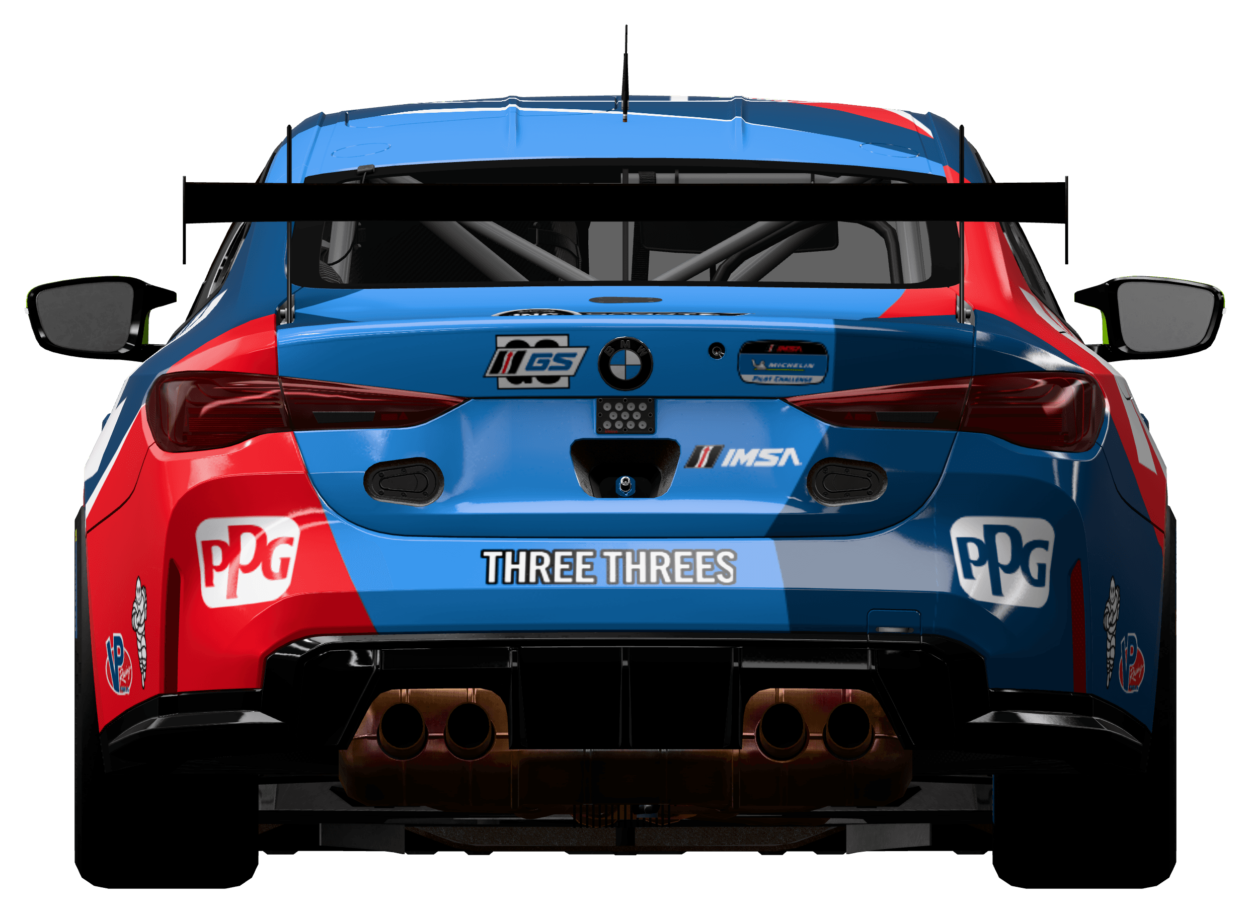 Rear view of the BMW M4 GT4 EVO in a blue and red MOTUL livery