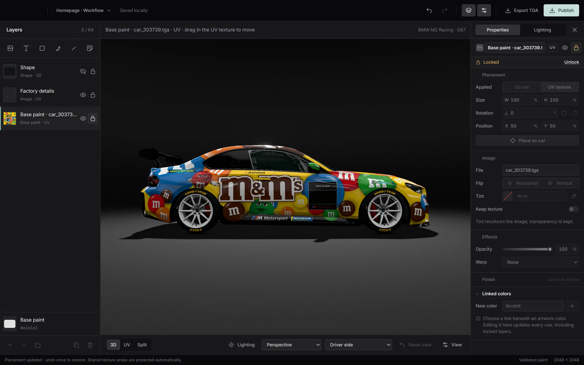 The editor with an imported M&M’s paint on a BMW M2 Racing, shown as a locked base layer in the layers panel